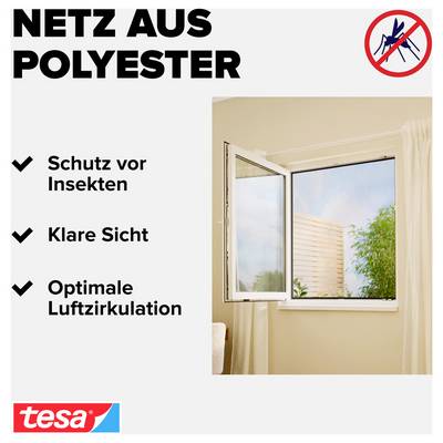 Werbung für 'Netz aus Polyester' von tesa: Insektenschutz für Fenster mit klarer Sicht und optimaler Luftzirkulation.