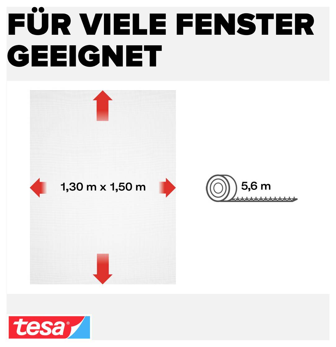 Werbegrafik für Tesa: Fensterfolie für viele Fenster geeignet, Größe 1,30 m x 1,50 m, Rollenlänge 5,6 m.