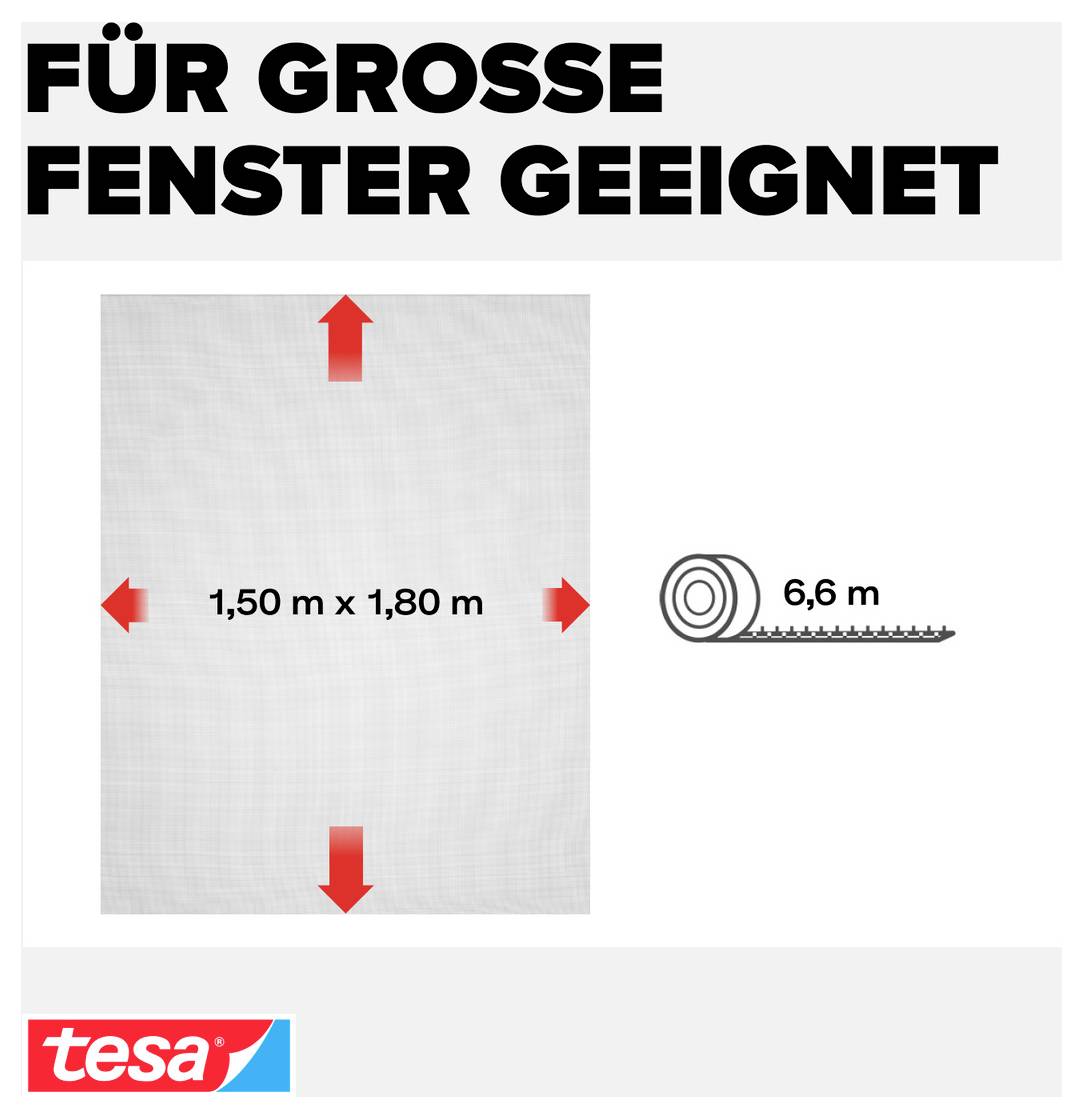Werbegrafik mit Text 'FÜR GROSSE FENSTER GEEIGNET'; zeigt Fensterfläche 1,50 m x 1,80 m und benötigtes Klebeband von 6,6 m, tesa-Logo unten links.