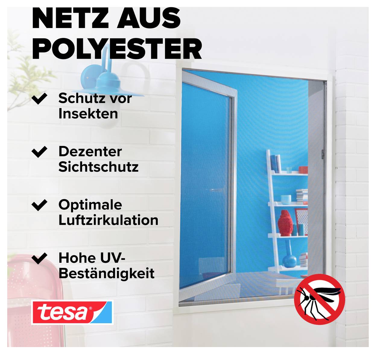 Werbung für ein Polyester-Insektenschutznetz von tesa mit den Vorteilen Schutz vor Insekten, Sichtschutz, Luftzirkulation und UV-Beständigkeit.<br>