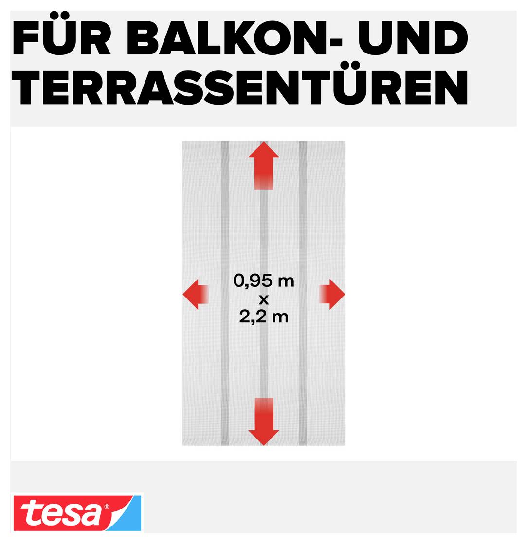 Werbegrafik für Balkon- und Terrassentüren: graue Fliegengitterbahn mit roten Pfeilen in alle Richtungen und Maßangabe 0,95 m x 2,2 m; tesa-Logo unten.<br>