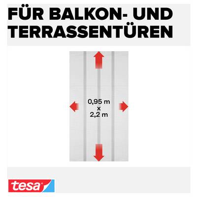 Werbegrafik für Balkon- und Terrassentüren: graue Fliegengitterbahn mit roten Pfeilen in alle Richtungen und Maßangabe 0,95 m x 2,2 m; tesa-Logo unten.<br>