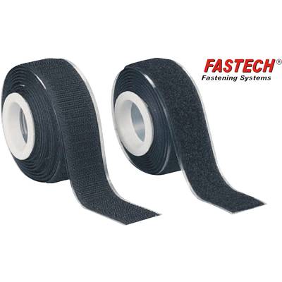 Zwei Rollen schwarzes Klettband; links Hakenband, rechts Flauschband. Oben rechts das Logo 'FASTECH Fastening Systems'.