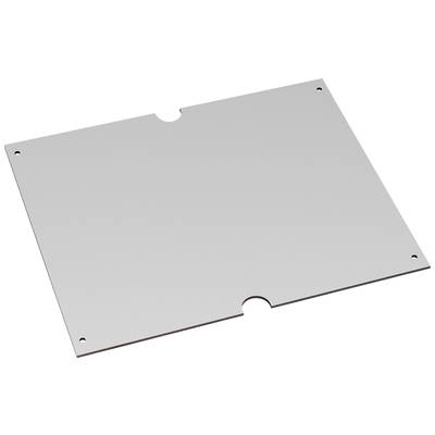 Eine rechteckige Metallplatte mit vier Löchern an den Ecken und zwei Aussparungen an gegenüberliegenden Seiten, auf einer weißen Fläche.