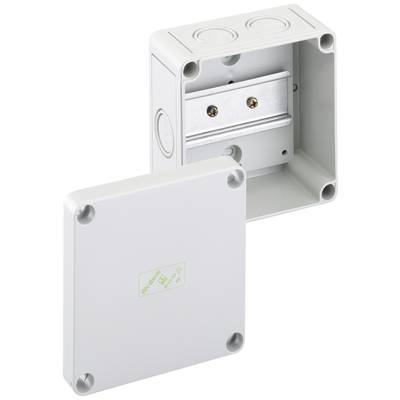 Gehäuse für elektrische Installationen, quadratisch und grau mit abnehmbarem Deckel, geeignet für Innenverkabelung.
