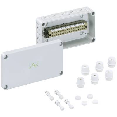 Verteilerbox aus Kunststoff mit offenem Deckel, zeigt eine Klemmenleiste im Inneren. Seitlich liegen Kabelverschraubungen und Stopfen bereit.
