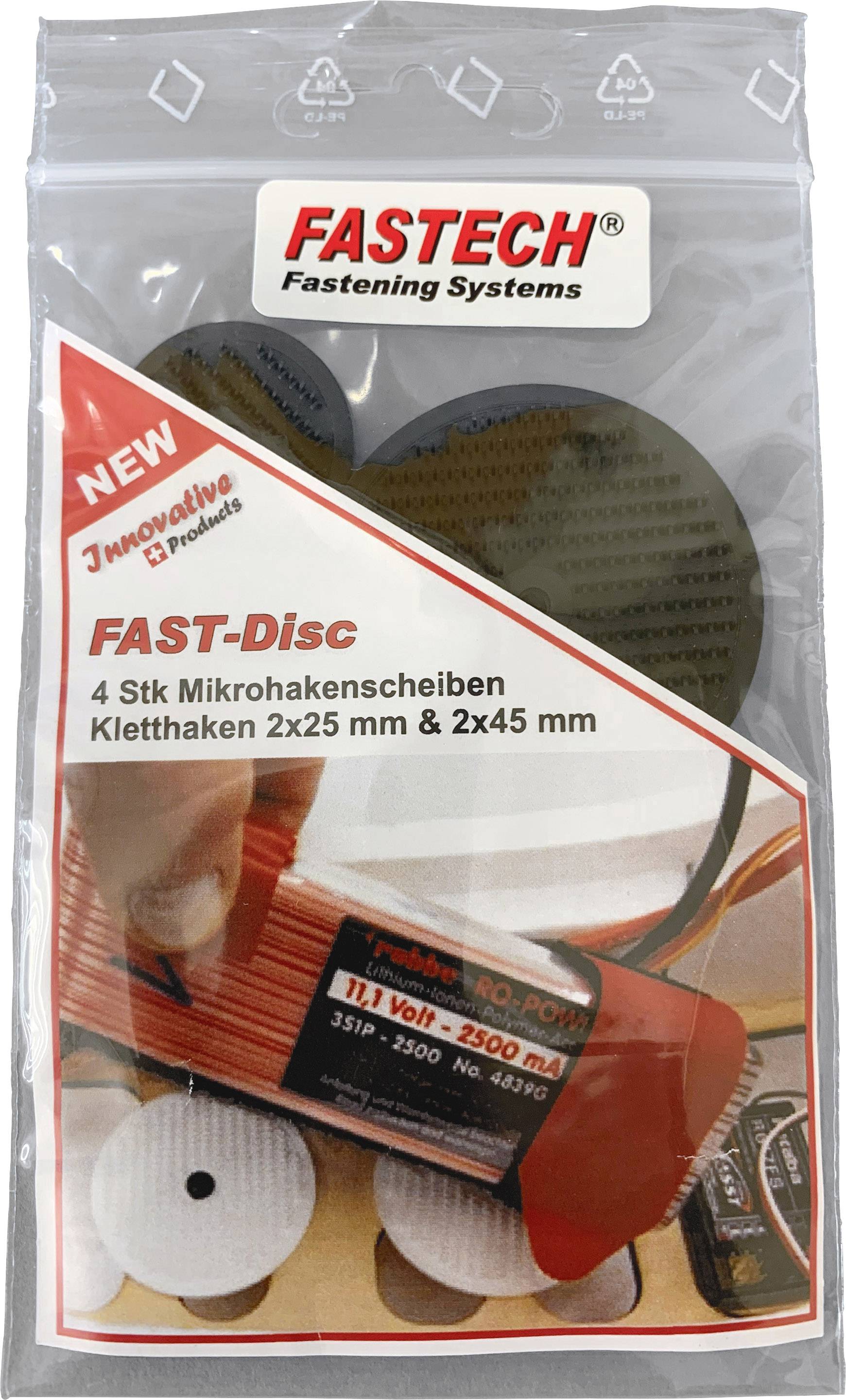 Verpackung von Fastech FAST-Disc mit Mikrohakenscheiben. Enthält 4 Stück, Klettverschlüsse 2x25 mm und 2x45 mm.
