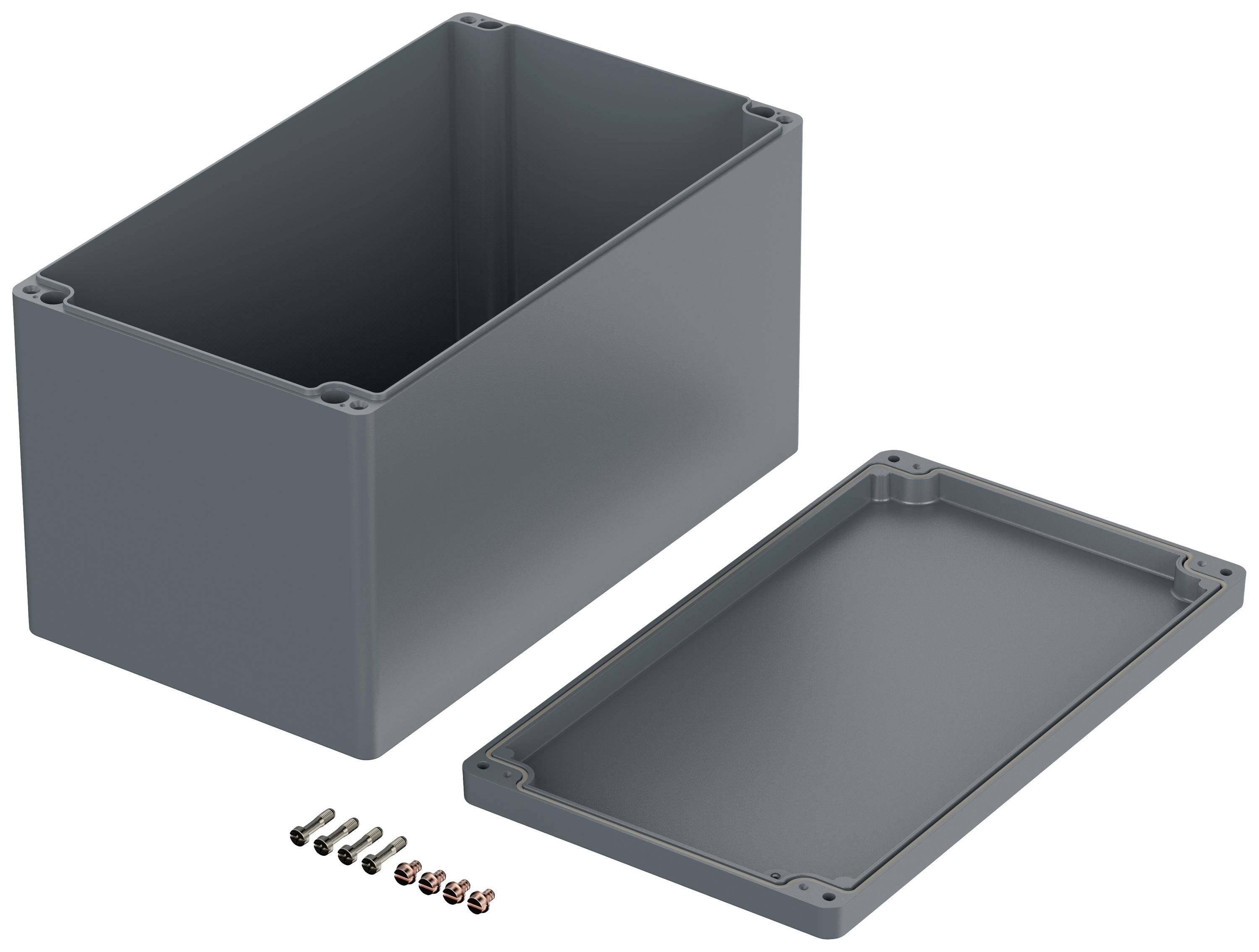 Grau-schwarzes rechteckiges Gehäuse mit abnehmbarem Deckel und Schrauben, geeignet für elektronische Anwendungen und Schutz.