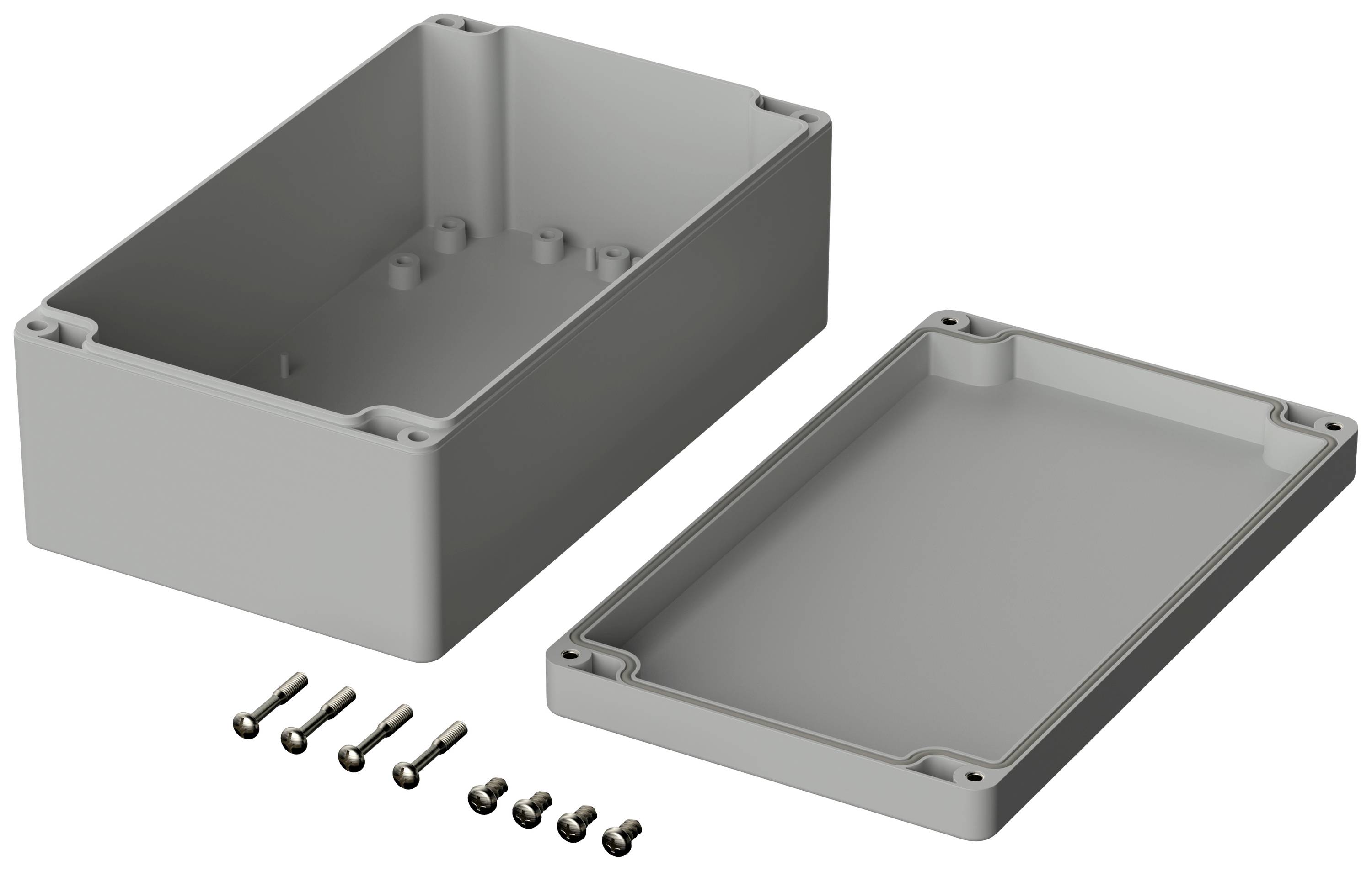 Gehäuse aus grauem Kunststoff mit abnehmbarem Deckel und Schrauben zur Befestigung, geeignet für elektronische Bauteile.