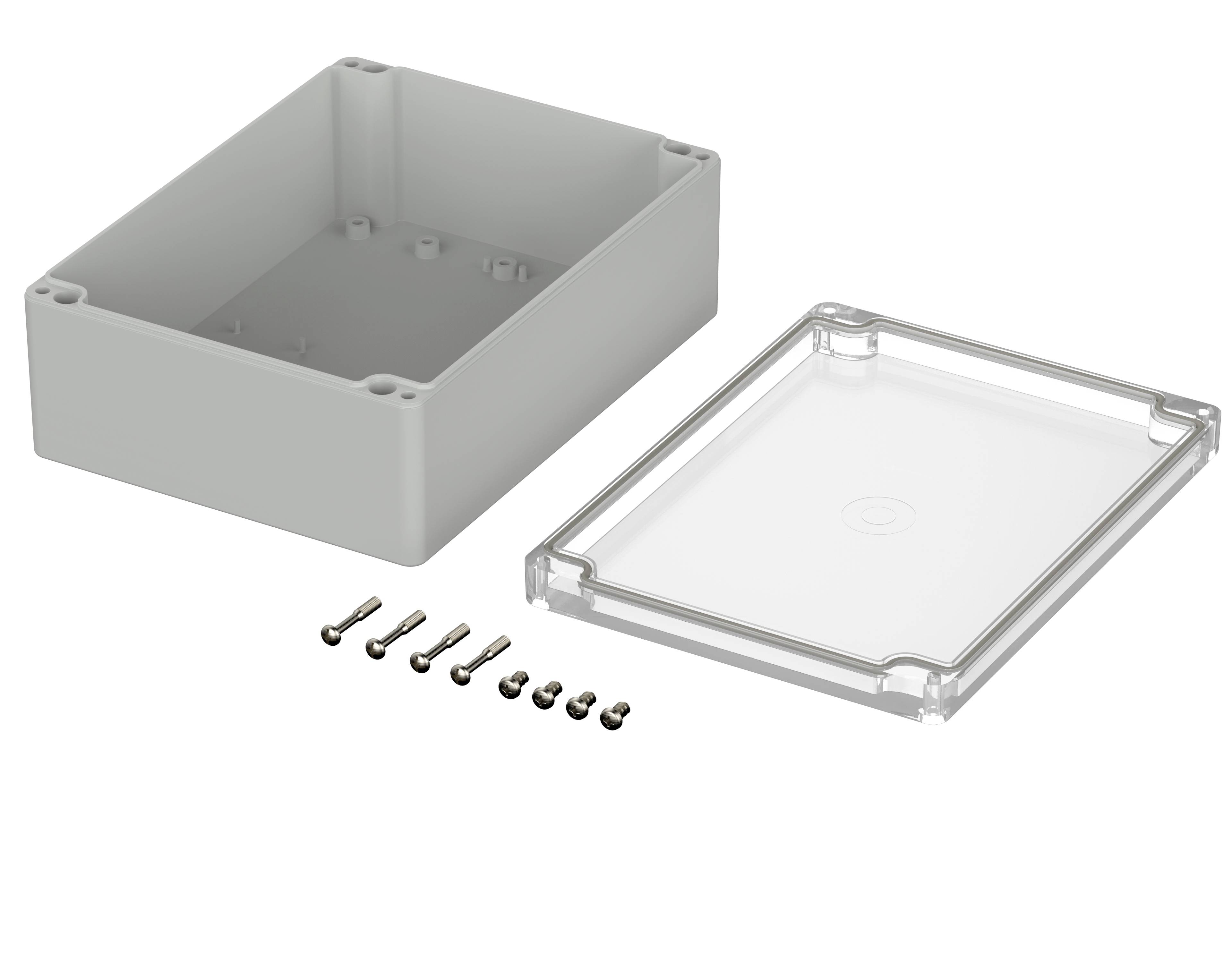 Gehäuse-Set bestehend aus einem rechteckigen, grauen Kunststoffkasten und einem transparenten Deckel. Sechs Schrauben liegen daneben.