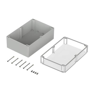 Gehäuse-Kit mit transparenter Abdeckung, grauer Basis und Befestigungsschrauben, zur Aufbewahrung oder zum Schutz elektrischer Komponenten.