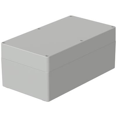Eine rechteckige, graue Plastikbox mit Schraubenlöchern an den Ecken. Sie hat eine glatte Oberfläche und wirkt stabil.