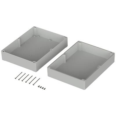Gehäuse aus grauem Kunststoff mit abnehmbarer Abdeckung, gezeigt in zwei Teilen. Schrauben zur Befestigung liegen daneben.