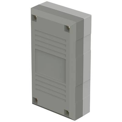 Graues rechteckiges Kunststoffgehäuse mit gerillter Oberfläche und Schrauben an den Ecken, vermutlich für elektronische Bauteile.