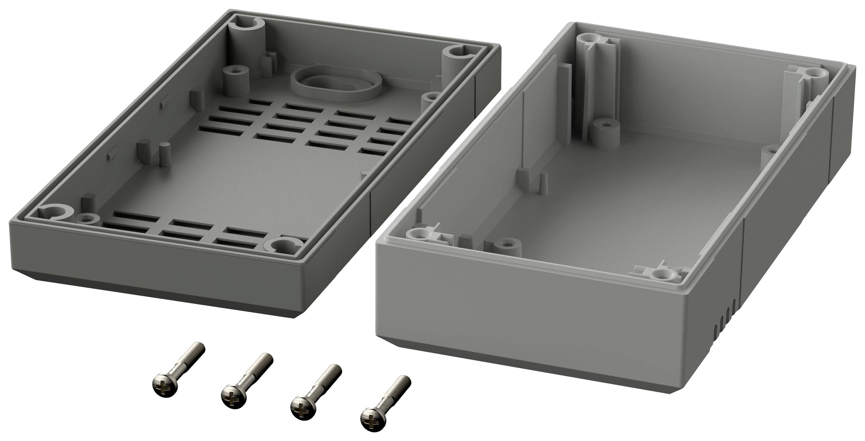 Zwei graue Kunststoffgehäusehälften und vier Metallschrauben. Gehäuse dient zur Einhausung elektronischer Bauteile.