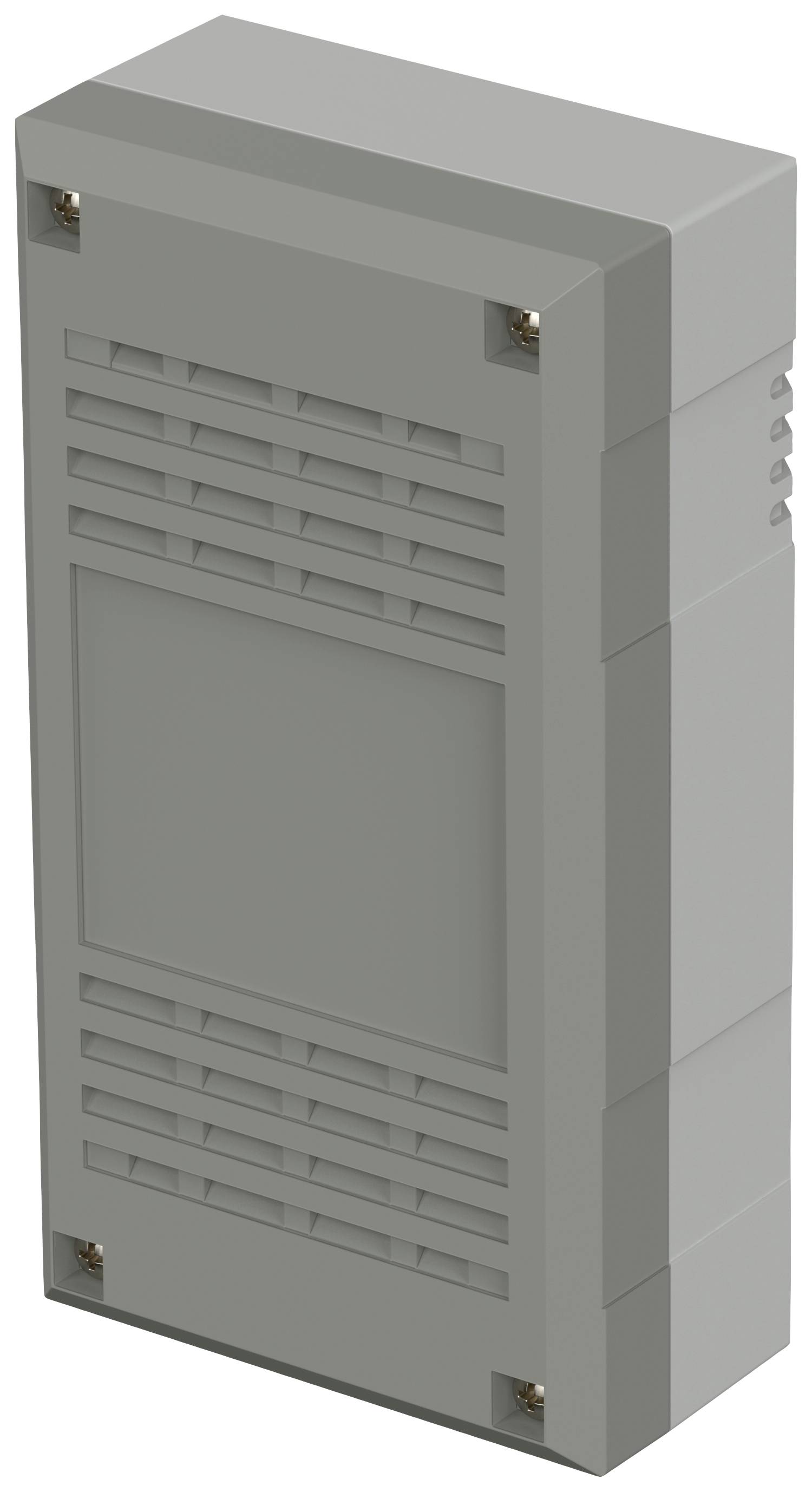 Graues rechteckiges elektronisches Gehäuse mit Lüftungsschlitzen, vertikale Anordnung, geeignet für Wandmontage.