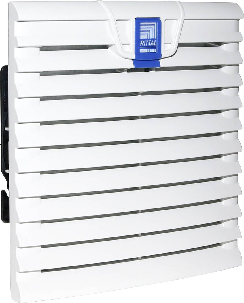 Lüftergitter mit horizontalen Lamellen, weiß, mit einem blauen Logo in der Mitte oben, von der Marke Rittal.