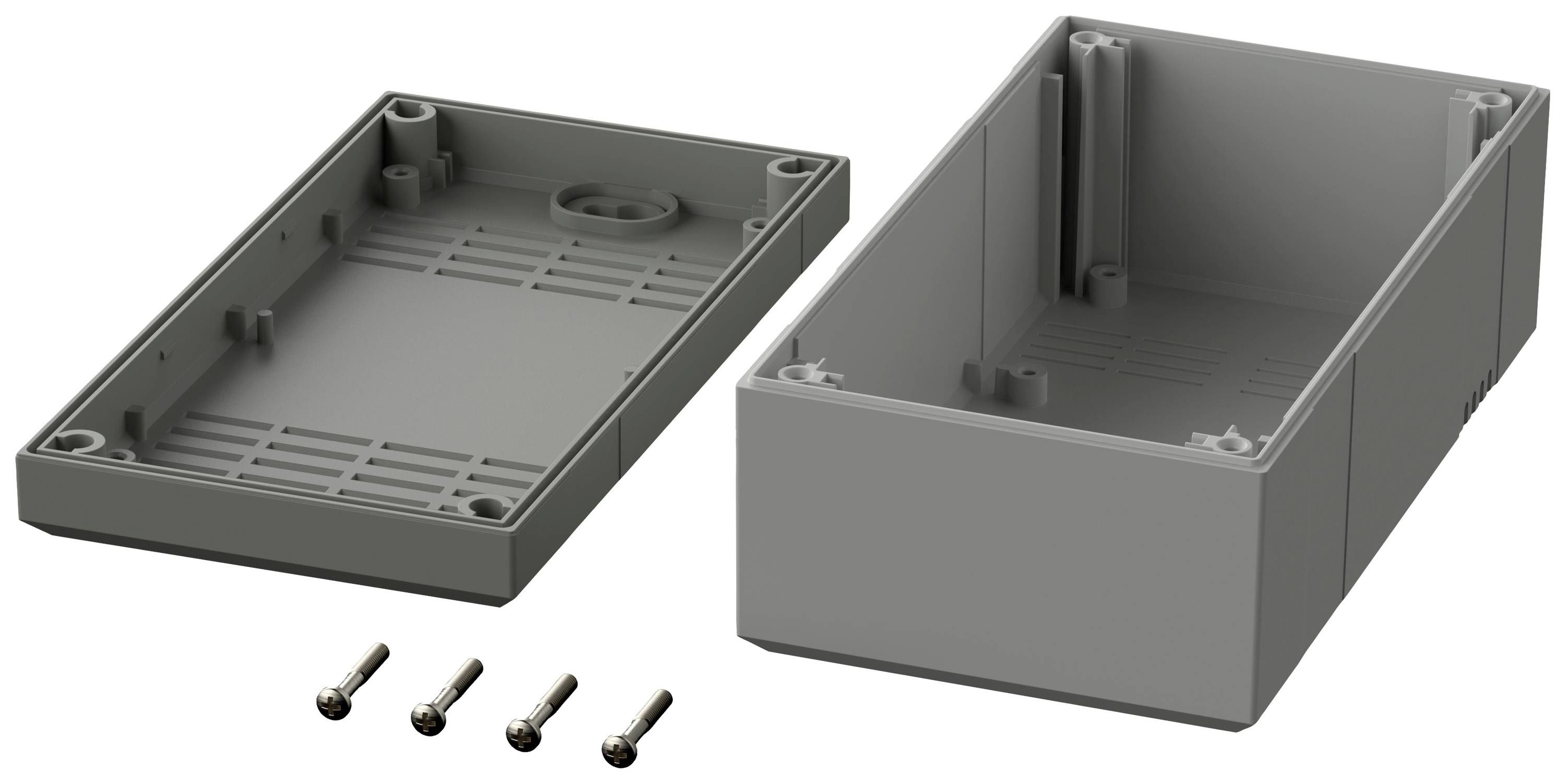 Gehäuse aus grauem Kunststoff, zweiteilig, mit vier Schrauben zum Verschließen. Geeignet für elektronische Bauteile oder Geräte.
