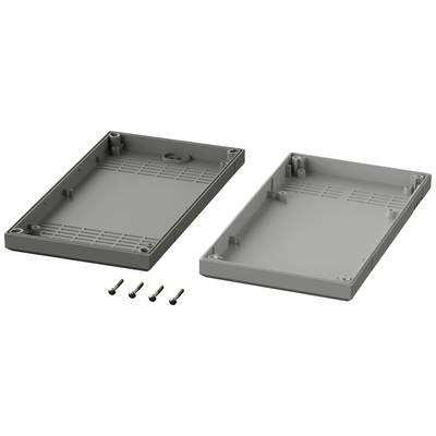 Gehäuse aus Kunststoff, zwei Hälften geöffnet, vier Schrauben daneben. Geeignet für den Einbau von elektronischen Komponenten.