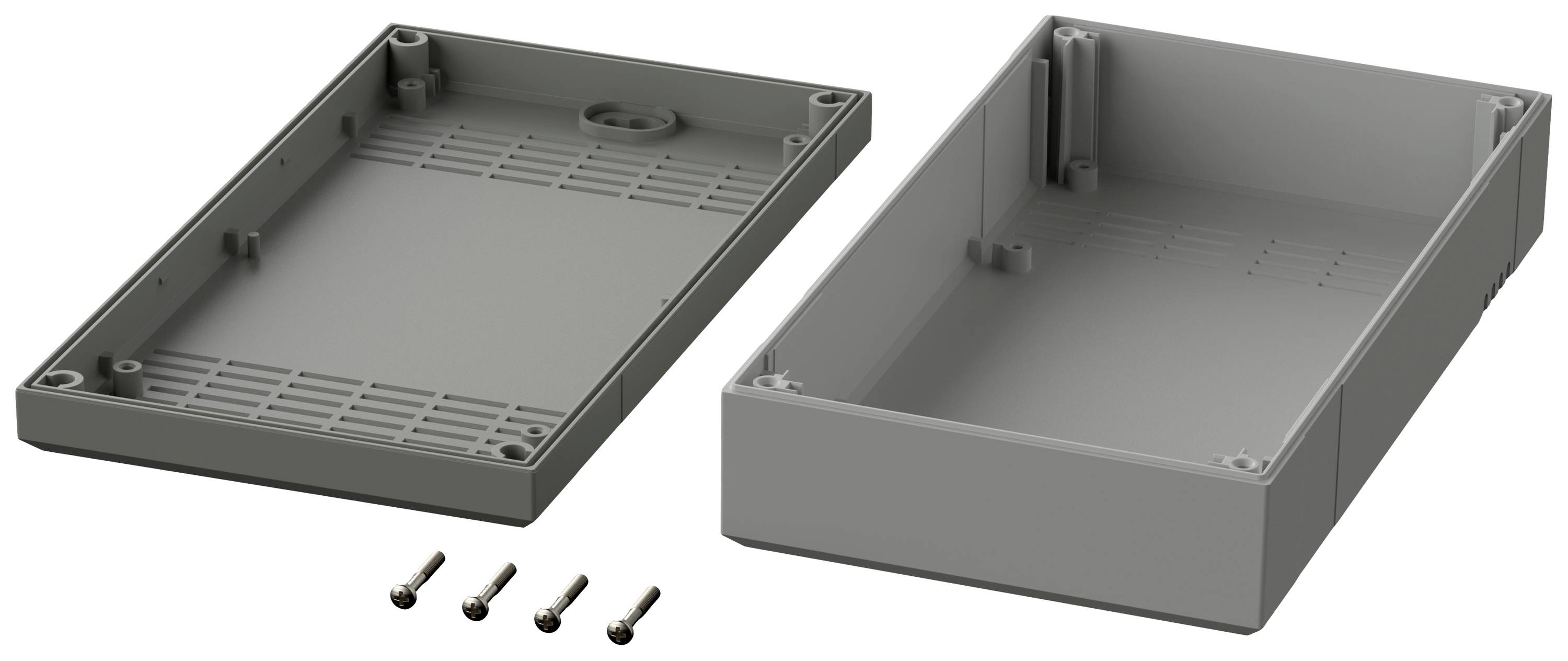 Graues rechteckiges Elektronikgehäuse aus Kunststoff, bestehend aus zwei Hälften und vier Schrauben, vorbereitet zum Zusammenbau.