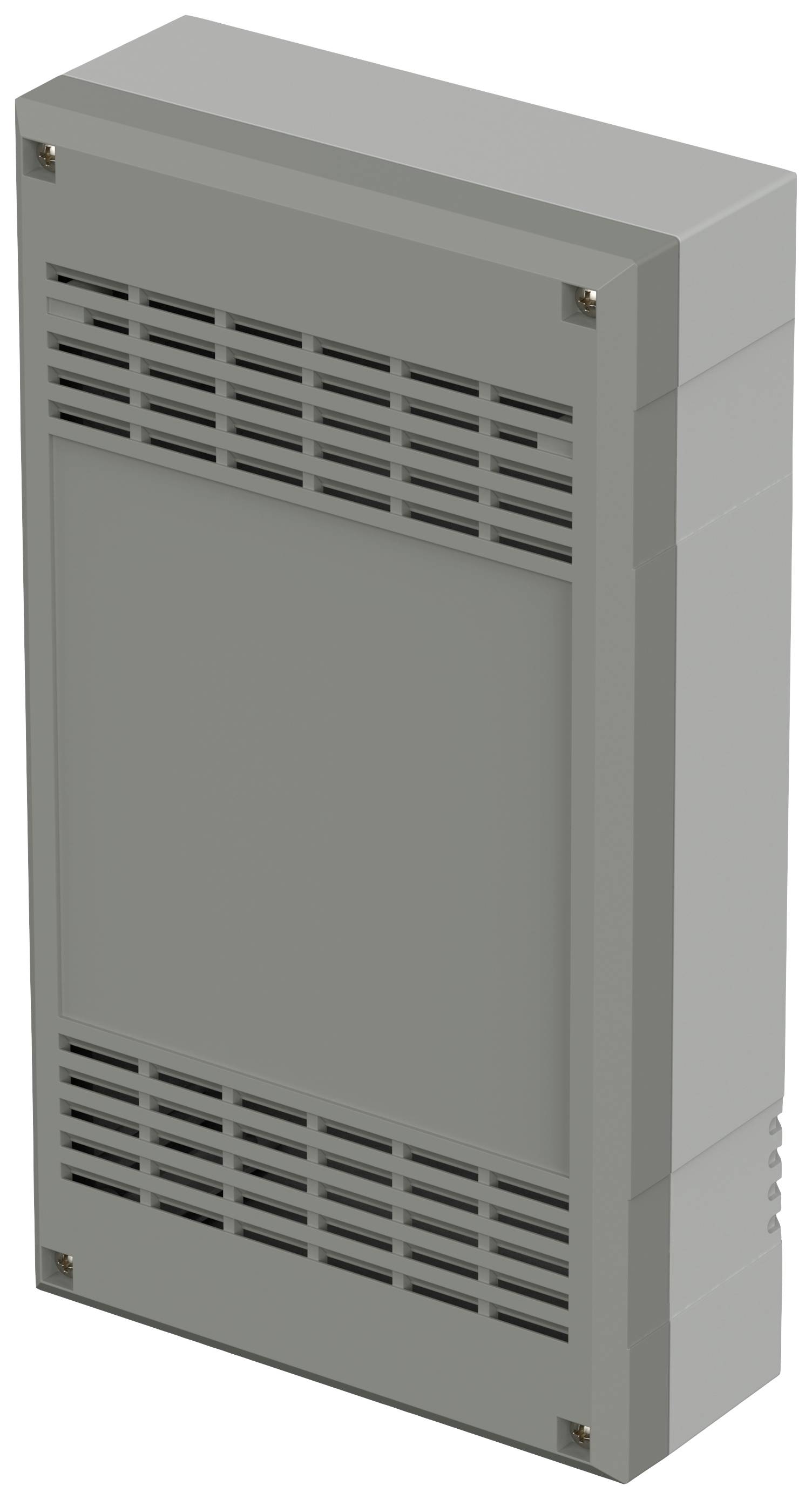 Graues rechteckiges elektronisches Gerät mit Lüftungsschlitzen an den Seiten, möglicherweise ein Gehäuse für elektronische Komponenten.