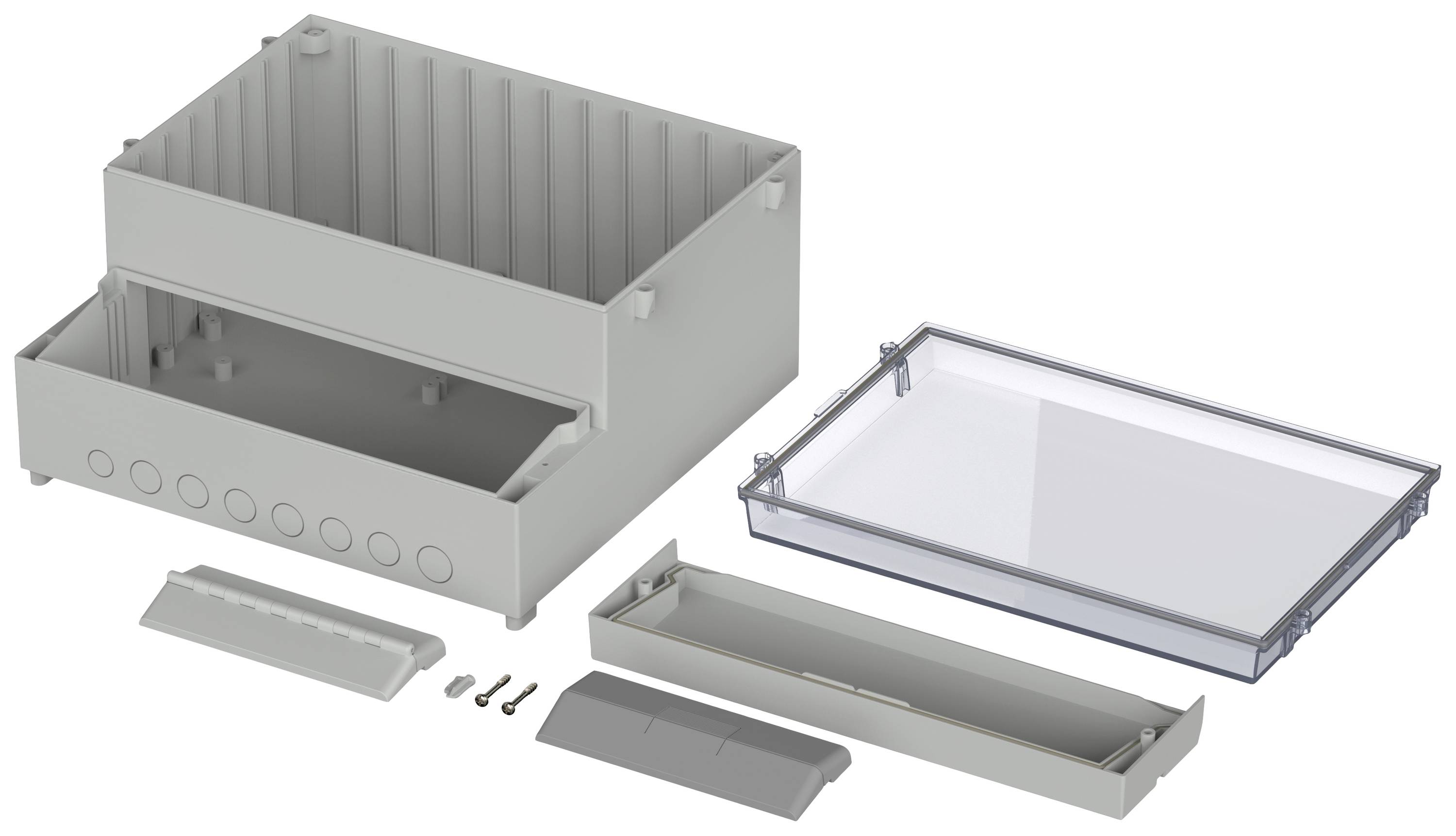 Ein graues, mehrteiliges Kunststoffgehäuse mit abnehmbarem, transparentem Deckel, Schrauben und Abdeckplatten. Ideal für Elektronikmontage.