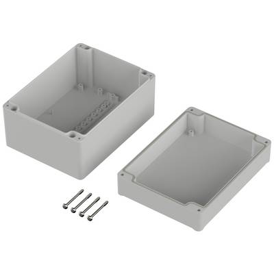 Gehäusekasten aus grauem Kunststoff, bestehend aus zwei Hälften mit Schrauben zur Befestigung, freigestellt auf weißem Hintergrund.