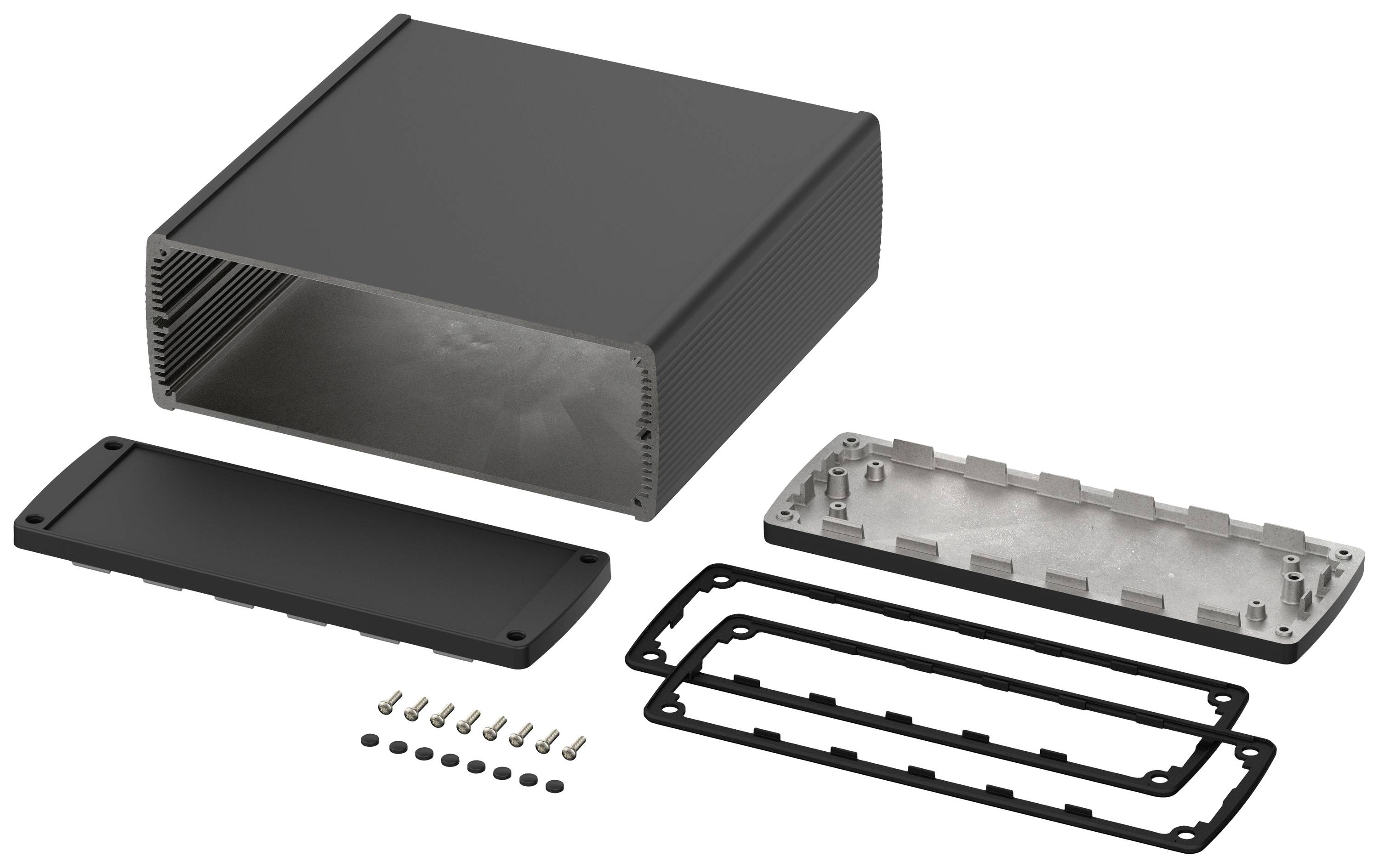 Gehäusekomponenten aus Metall: Hauptgehäuse, abnehmbare Front- und Rückplatte, Dichtungen und Schrauben. Montage erforderlich.