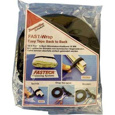 Plastikverpackung mit Klettband. Aufdruck: 'FAST-Wrap Easy Tape Back to Back'. Abbildungen von Anwendungsmöglichkeiten des Bandes.
