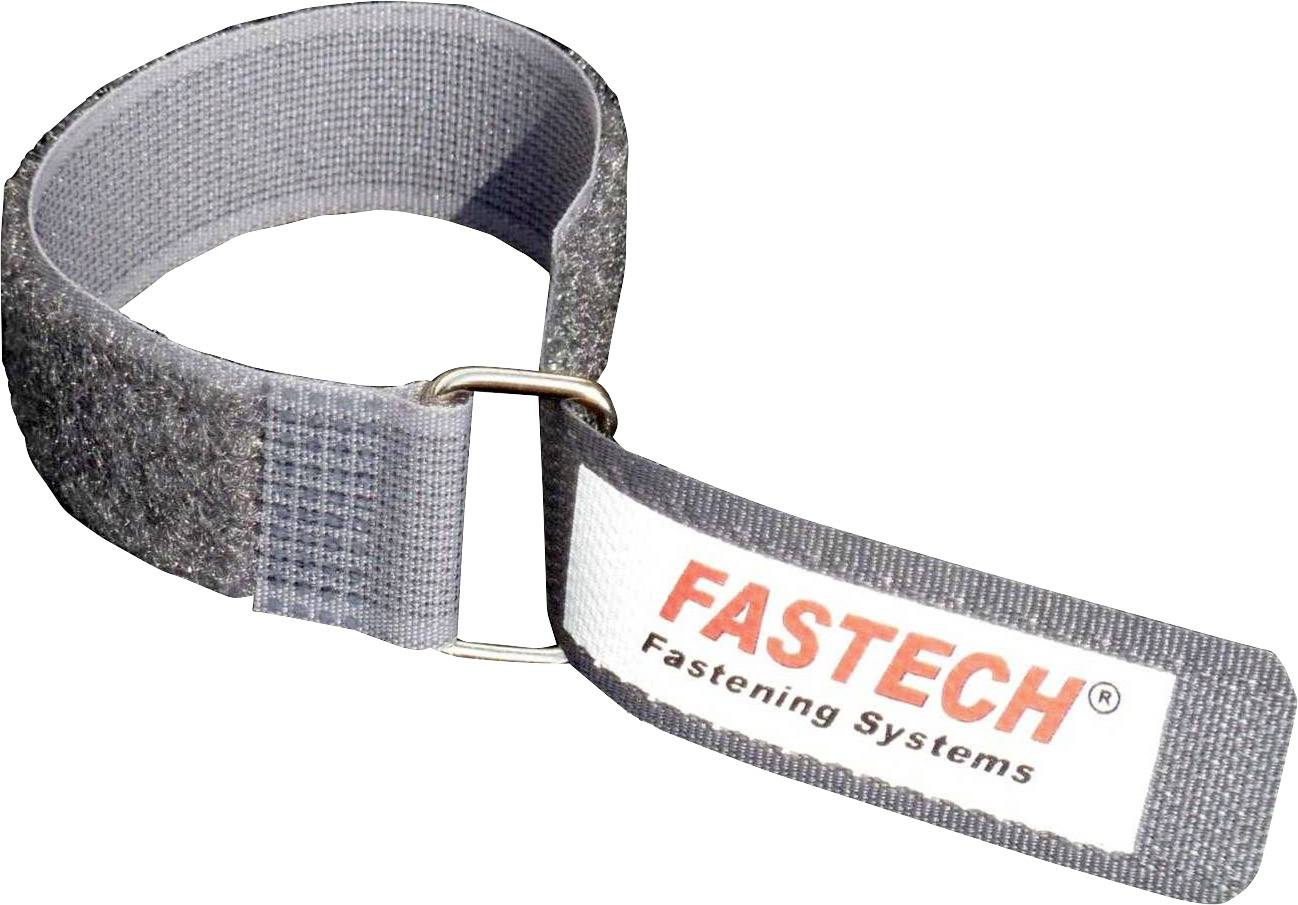 Klettband von Fastech, grau, mit Metallring und Aufschrift 'FASTECH Fastening Systems'.