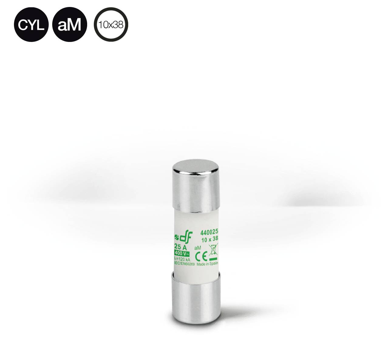 Produktfoto einer zylindrischen Sicherung mit der Bezeichnung „CYL aM 10x38", aufrecht auf weißem Hintergrund stehend.