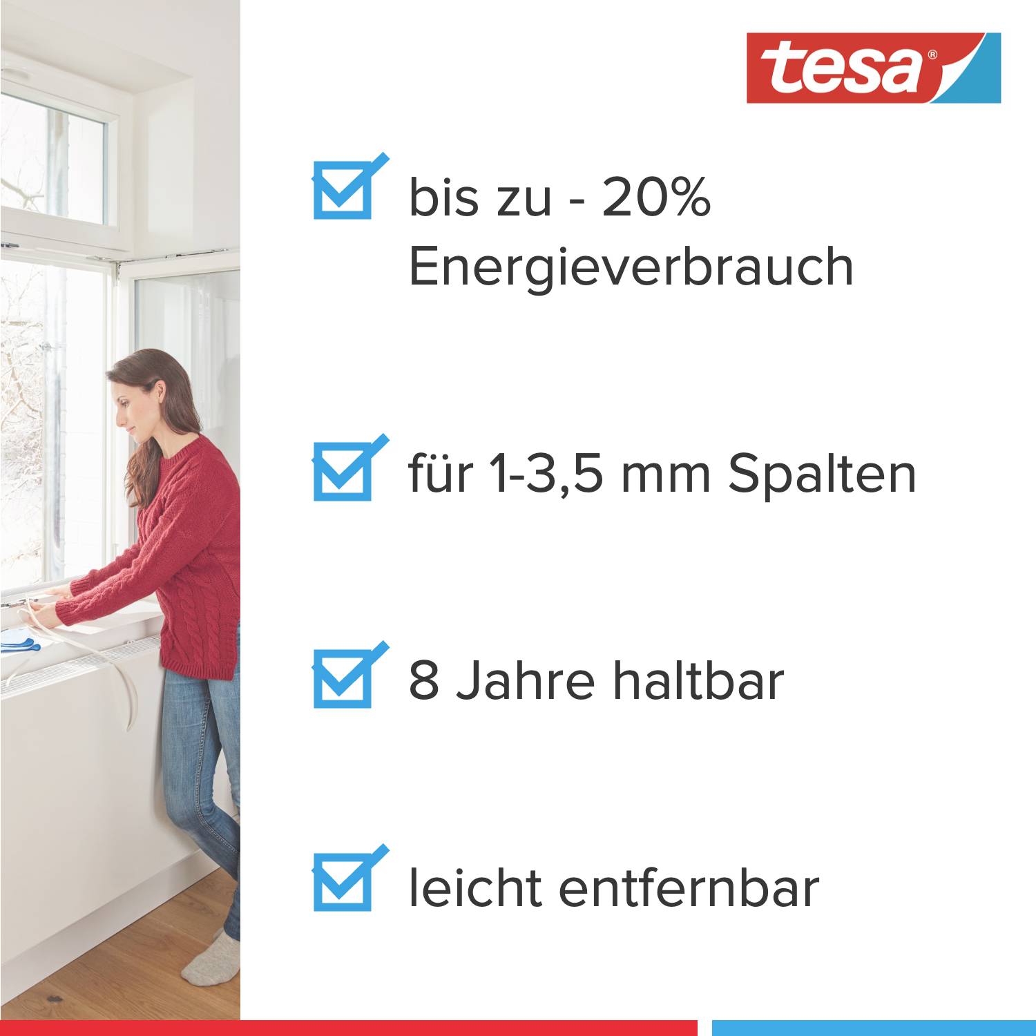 Eine Person bringt ein tesa-Dichtungsband an einem Fenster an. Text: 'bis zu -20% Energieverbrauch', 'für 1-3,5 mm Spalten', '8 Jahre haltbar', 'leicht entfernbar'.