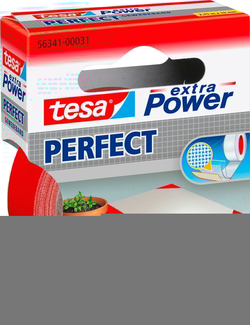'Tesa extra Power Perfect' Klebeband-Verpackung, die ein Produktbild, Markenlogo und Produktbeschreibung zeigt. Im Hintergrund befindet sich ein Topf mit einer Pflanze.