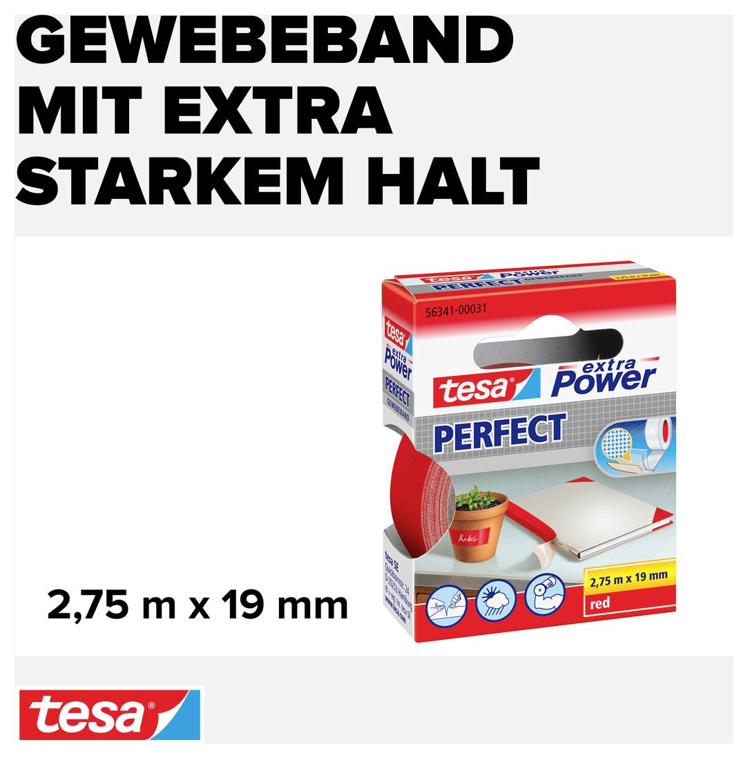'Gewebeband mit extra starkem Halt' in großer Schrift. Abgebildet ist eine Packung tesa PERFECT Gewebeband, Maße: 2,75 m x 19 mm.