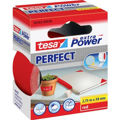 Verpackung von 'tesa extra Power PERFECT' rotem Klebeband mit Abbildungen von Anwendungen wie Gärtnern und Basteln. Rolle misst 2,75 m x 38 mm.