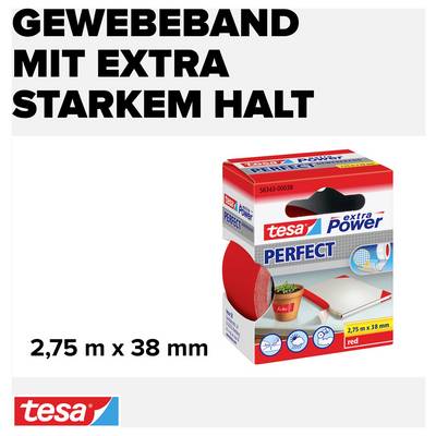Gewebeband-Verpackung von 'tesa' mit der Aufschrift 'extra Power Perfect'. Rote Rolle, Maße: 2,75 m x 38 mm, extra starker Halt.