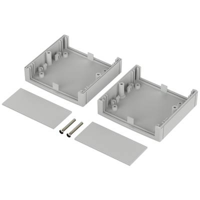 Zwei graue Kunststoffgehäusehälften mit Schrauben und Abdeckplatten, geeignet für Elektronikbaugruppenmontage.