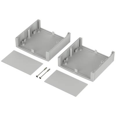 Gehäuseteile mit zwei rechteckigen Schalen und Abdeckungen sowie zwei Schrauben, für Montage von elektronischen Komponenten.