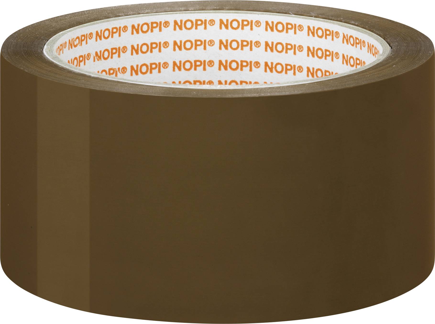 Braunes Klebeband mit weißer Innenrolle, auf der mehrfach 'NOPI' in Orange steht. Hauptsächlich für Verpackungszwecke verwendet.