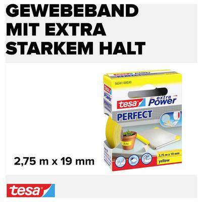 Gewebeband-Verpackung von 'tesa Perfect' in Gelb, 2,75 m x 19 mm. Aufschrift 'Gewebeband mit extra starkem Halt'.