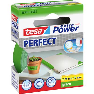 Die Verpackung des 'Tesa extra Power Perfect' Klebebands zeigt eine grüne Klebebandrolle und Illustrationen zur Verwendung auf Oberflächen wie Töpfen, Papier und zum Abdichten.