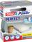 'Tesa extra Power Perfect' graues Klebeband-Verpackungsdesign mit Abbildungen einer Klebebandrolle, eines Blumentopfs, einer Buchbindung und Wettersymbolen.