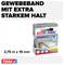 Gewebeband-Verpackung 'tesa Perfect', extra starker Halt, grau, 2,75 m x 19 mm. Produktbild mit Anwendungsbeispielen.
