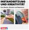 'Instandsetzung und Kreativität: Zum Basteln, Bündeln und Reparieren.' Eine Person nutzt Klebeband auf Grünmaterial; eine andere repariert einen Schirm mit Klebeband.