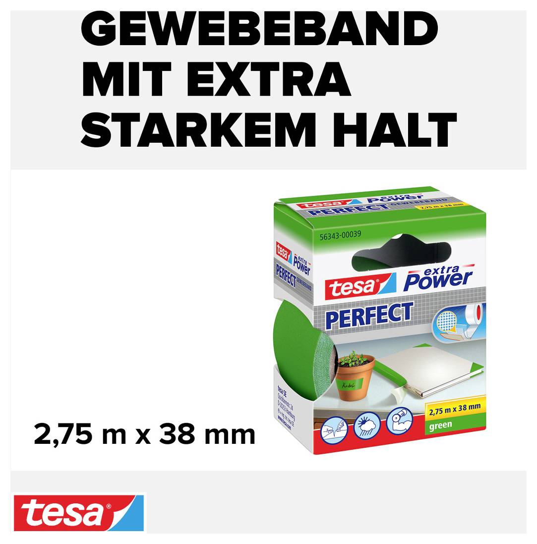 'Gewebeband mit extra starkem Halt', grüne Rolle neben Verpackung. Maße: 2,75 m x 38 mm. Marke: Tesa.