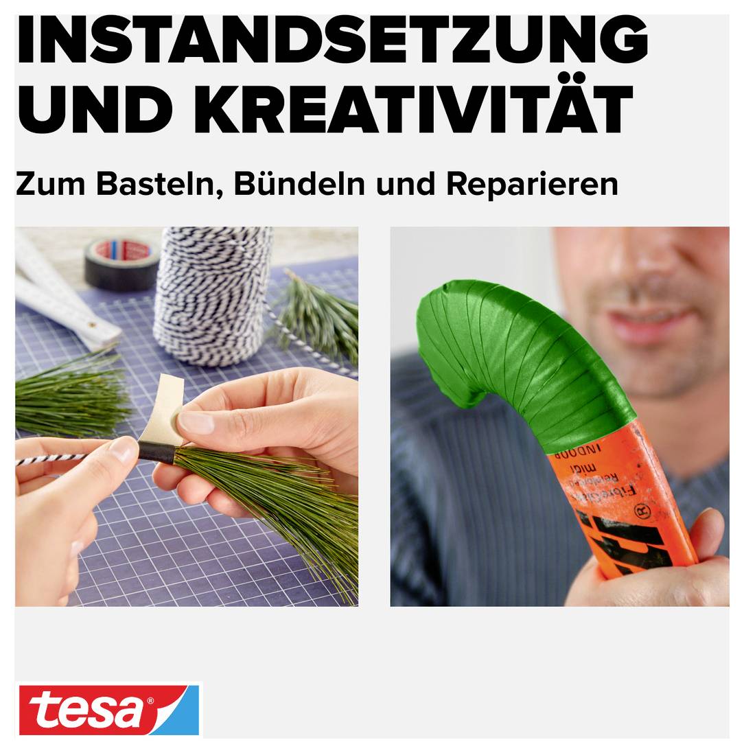 'Instandsetzung und Kreativität' zeigt zwei Bilder. Links: Hände binden Zweige mit Klebeband. Rechts: Person hält repariertes Objekt mit grünem Band.