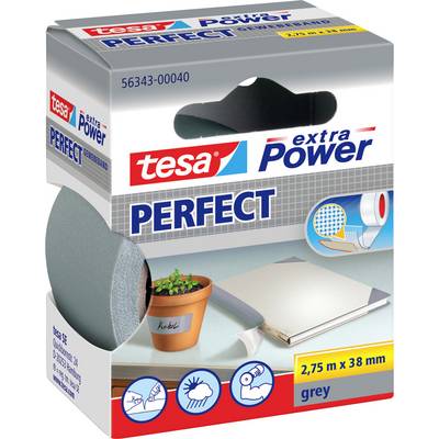 Verpackung des 'tesa extra Power PERFECT' Bandes, zeigt eine Rolle grauen Klebebands, deutet Verwendungsmöglichkeiten wie Pflanzen beschriften, Buchbinden und Lochausbesserung an.