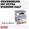 Gewebeband-Verpackung der Marke Tesa mit Aufschrift 'extra starkem Halt'. Maße: 2,75 m x 38 mm. Farbe: grau.