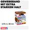 'Gewebeband mit extra starkem Halt' von tesa in Braun, 2,75 m x 38 mm. Abbildung zeigt Produktverpackung mit Piktogrammen und Text.