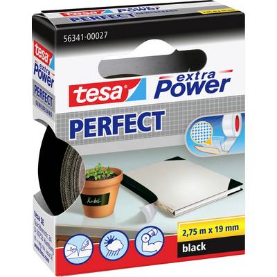 'Tesa extra Power Perfect' schwarzes Klebeband, Verpackung zeigt Produktverwendung zum Beschriften von Pflanzen, Buchrestaurierung und Abdichtung im Innenbereich. Größe: 2,75m x 19mm.